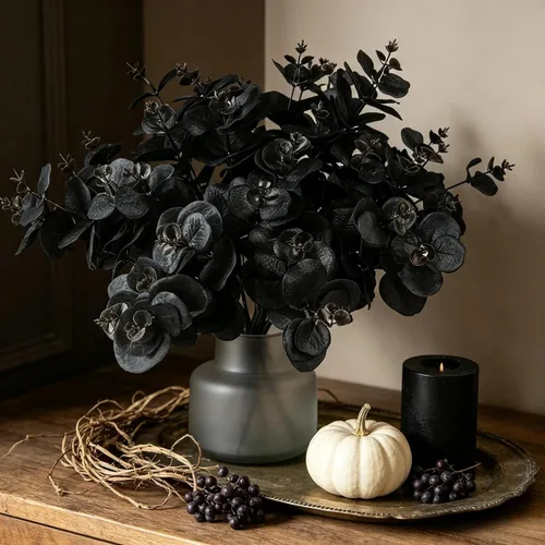 Vista 3 de Tinsow 5 tallos de eucalipto artificiales negros, ramas de eucalipto sintético, hojas negras, centro de mesa de Halloween, decoración del hogar