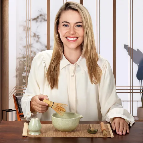 Vista 8 de Juego de 10 batidores de matcha, kit tradicional japonés de matcha con batidor de bambú, cuenco de cerámica para matcha con boquilla de vertido, kit