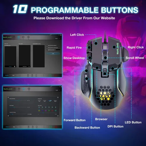 Vista 3 de WolfLawS Mouse para juegos con cable mouse USB para computadora y juegos con 12 modos retroiluminados RGB ajustable de alta precisión de 12800 DPI