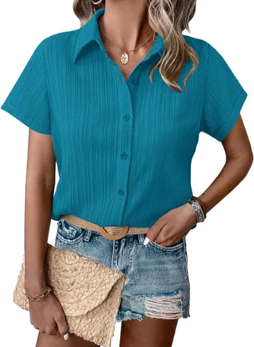 Vista 7 de HOTOUCH Camisa de vestir de manga corta con botones para mujer, cuello en V, con botones, para verano, con textura, para el trabajo