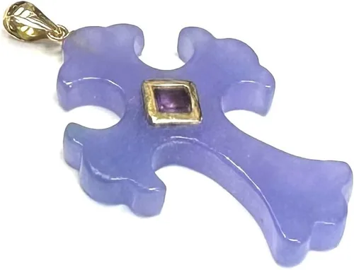 Vista 2 de Colgante de cruz de jade de oro amarillo de 14 quilates con piedras preciosas cadena de 17 pulgadas incluida