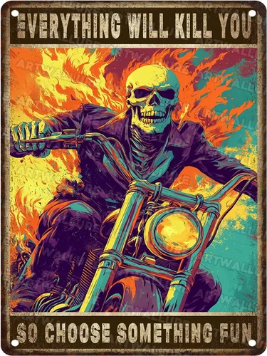 Vista 18 de ARTWALLURE Letrero de metal vintage de motocicletas con texto en inglés «Girl Biker No One is Perfect Except Woman Rides» para cafetería, bar
