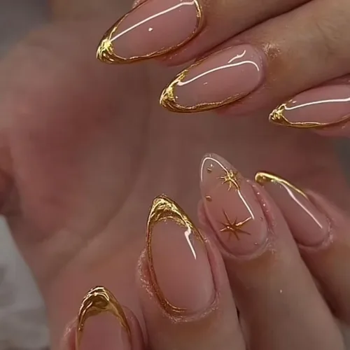 Vista 39 de Uñas postizas de almendra medianas MABKJLF con punta francesa, uñas falsas 3D con diseños de pedrería de flores de fresa, uñas pegajosas brillantes 1
