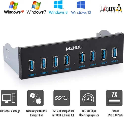 Vista 2 de Tarjeta de expansión de concentrador de panel frontal USB 3.0 de 8 puertos - con cables de 19 pines y SATA, 5 tornillos de montaje - Compatible