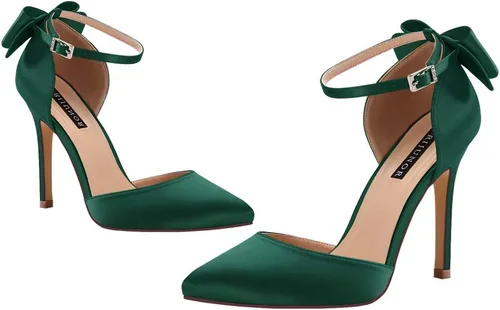 Vista 5 de ERIJUNOR Zapatos de satén de tacón alto con lazo para mujer, para fiesta de noche, baile, boda, zapatos de satén