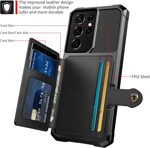 Vista 6 de Funda para Samsung Galaxy S21 Ultra con tarjetero, compatible con soporte magnético para automóvil, resistente a los golpes, resistente, suave, TPU