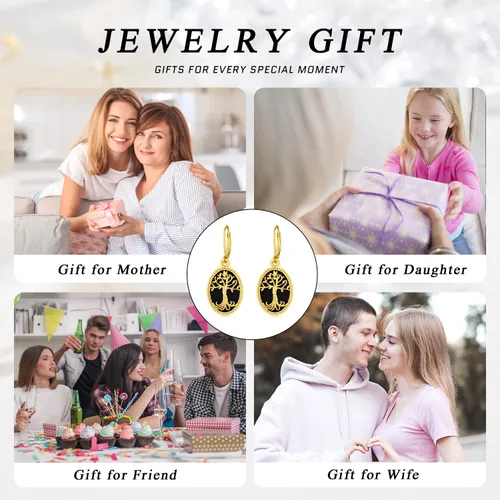 Vista 7 de Aretes colgantes de árbol de la vida de ónix negro, plata de ley 925, oro y árbol de la vida, joyería de regalo para mujeres y mamá, Plata de ley