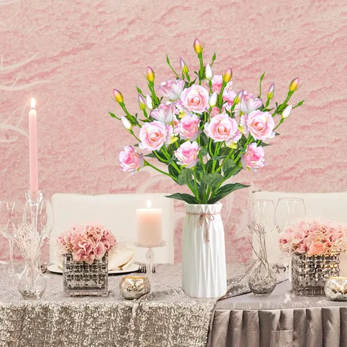 Vista 6 de Grand Verde Eustoma - Ramo de flores artificiales de 30 pulgadas de largo, ramo de rosas sintéticas, docenas de cabezas de seda que florecen