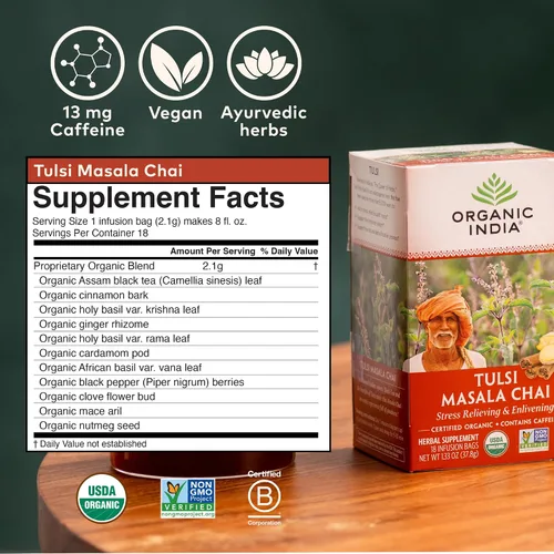 Vista 2 de Bolsas de té Organic India Tulsi Masala Chai - Albahaca Sagrada, té negro, especias con jengibre, alivio del estrés, apoyo inmunológico, USDA