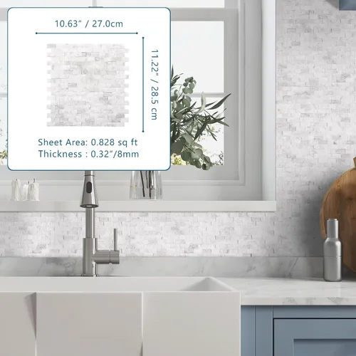 Vista 4 de SUNWINGS Azulejos de mármol autoadhesivos de piedra natural 3D de 5 hojas, 10.63 x 11.22 pulgadas, para pegar en el protector contra salpicaduras