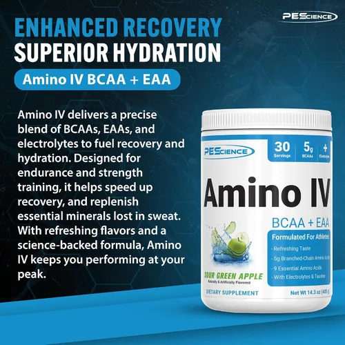 Vista 2 de PEScience Amino IV, manzana verde agria, 60 cucharadas, BCAA y polvo EAA con electrolitos