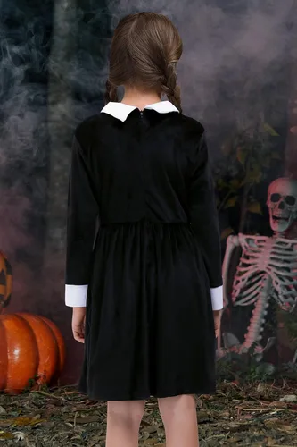 Vista 5 de BesserBay Halloween - Vestido de terciopelo negro con cuello Peter Pan para niñas de 4 a 14 años