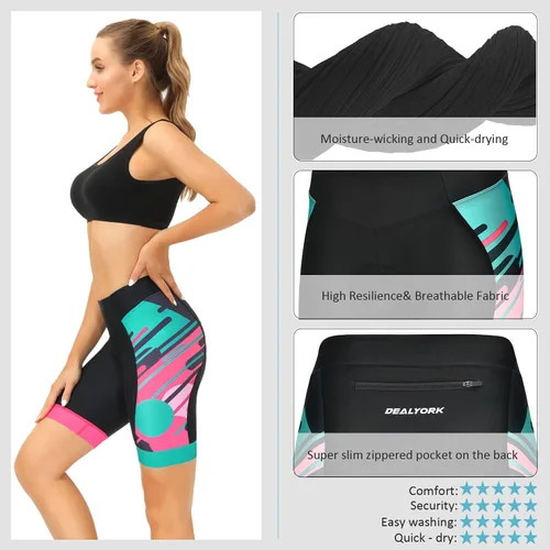 Vista 3 de DEALYORK Pantalones cortos de ciclismo para mujer, acolchados en 3D con bolsillo, pantalones de ciclismo de montaña, ergonómicos de cintura alta