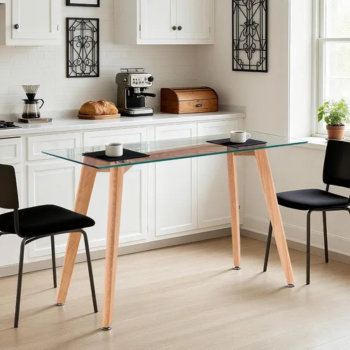 Vista 2 de ivinta TAM-WT - Escritorio de oficina de vidrio, escritorio rectangular de computadora de 43 pulgadas con patas de madera maciza, mesa de comedor