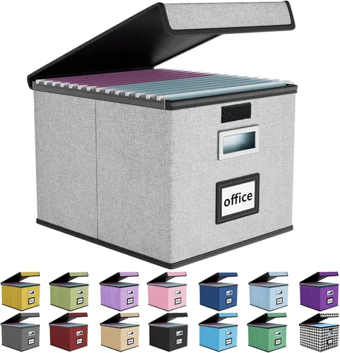 Vista 56 de Caja organizadora de archivos Huolewa con tapa, caja organizadora de carpetas de archivos colgantes de cuero sintético plegable con deslizadores