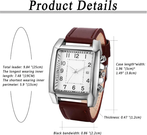 Vista 6 de Avaner Reloj cuadrado de cuero para hombre, reloj rectangular de gran tamaño, reloj de pulsera de cuarzo analógico vintage con ventana de calendario