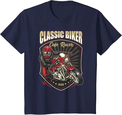 Vista 76 de Camiseta de motocicleta clásica Biker Cafe Racer para hombre, Negro, S