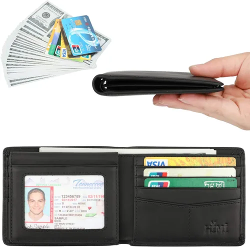Vista 2 de Cartera de piel auténtica para hombre, con bloqueo RFID, plegable, elegante, con 2 ventanas de identificación Negro