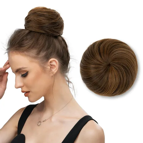 Vista 13 de SARLA Extensiones de moño de pelo falso para mujer, sintético, recogido, con cordón, moño de ballet, piezas de cabello color castaño medio Castaño