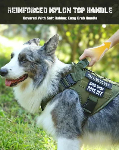 Vista 3 de Arnés militar para perro, sin tirones, con asa y Molle, de fácil control, arnés para perro, arnés de entrenamiento para caminar, ajustable, Verde