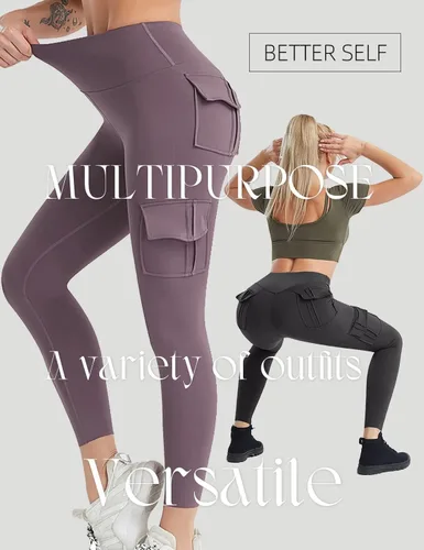 Vista 2 de COMFY ONE Leggings cargo con bolsillos para mujer, cintura alta, elásticos, pantalones de yoga