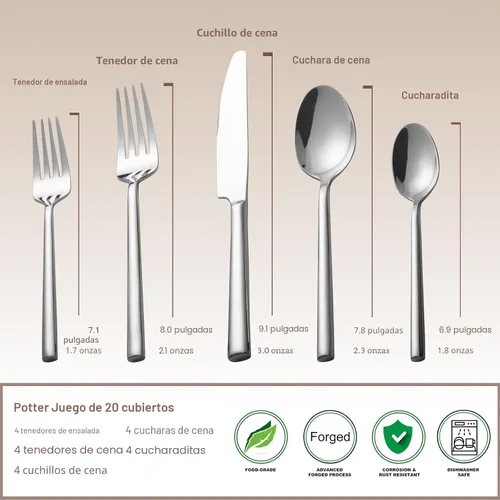 Vista 5 de Alata Potter - Juego de cubiertos forjados de acero inoxidable de 20 piezas, servicio para 4, acabado espejo, apto para lavavajillas Plateado
