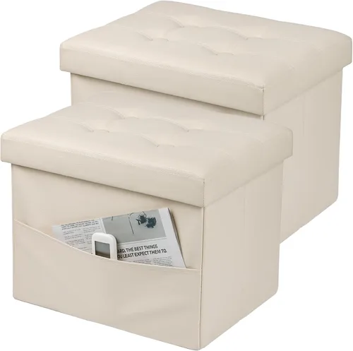 Vista 22 de Bsketa Otomana de Almacenamiento, Taburete Plegable con Asiento Acolchado de Espuma Más Gruesa, Otomana Pequeña de Cuero para Almacenamiento, Banco