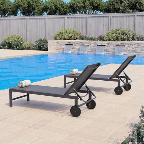Vista 5 de QAQA - 2 tumbonas para exteriores con ruedas, silla de aluminio para patio con 5 posiciones ajustables para piscina, playa, patio, gris oscuro