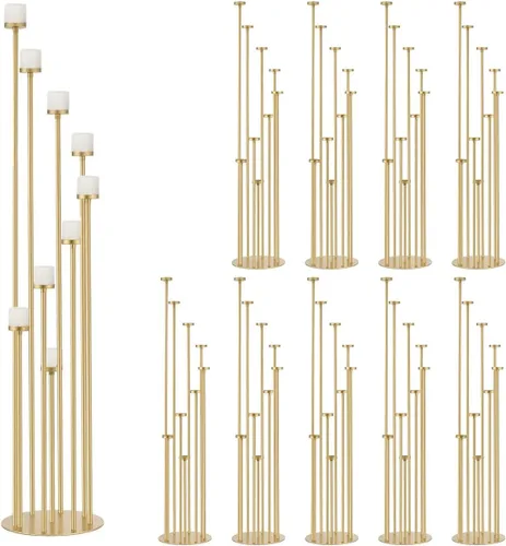 Vista 11 de 2 portavelas altos para velas de pilar, candelabros negros de 9 brazos, centro de mesa para velas de pilar cónico, centros de mesa florales
