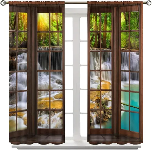 Vista 5 de Cortinas de bosque, bosque natural, cascadas, paisaje, rústico, estilo granja, bolsillo para barra, cortinas insonorizadas para ventana