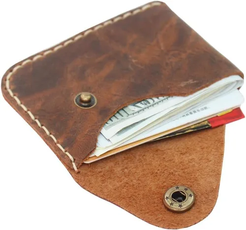 Vista 10 de Bolsillo frontal ultradelgado de cuero hecho a mano cartera simple delgada para tarjetas tarjetero cartera para tarjetas de presentación para Marrón
