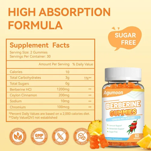 Vista 2 de Gomitas de berberina de 1200 mg, suplemento de berberina de alta potencia con canela de Ceilán para el sistema inmunológico y el metabolismo, sin