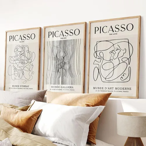 Vista 2 de Picasso - Póster de pared abstracto de líneas femeninas para dormitorio, Picasso The Kiss, The Love, The Hug, juego de decoración de pared, pintura