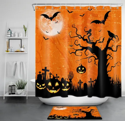 Vista 20 de EOBTAIN Cortina de ducha de cielo nocturno azul de Halloween para baño, espeluznante calabaza y murciélago en árbol muerto en cementerio aterrador