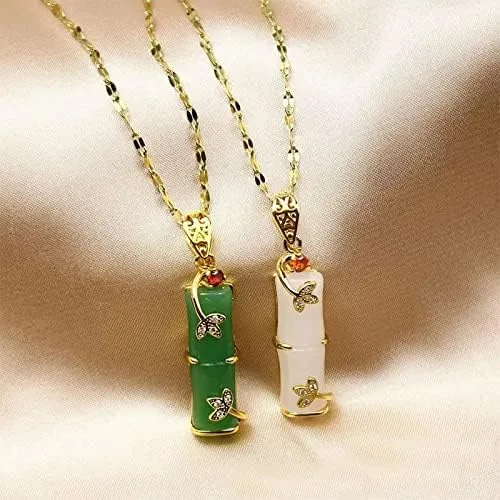 Vista 4 de COLORFUL BLING Jade - Collar con colgante de bambú, chapado en oro de 18 quilates, collar de jade verde y blanco, amuleto de la suerte de melocotón