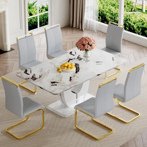 Vista 88 de JUFU Juego de mesa de comedor moderno para 4, juego de mesa de cocina rectangular de 63 pulgadas con mesa de mármol sintético y 4 sillas tapizadas