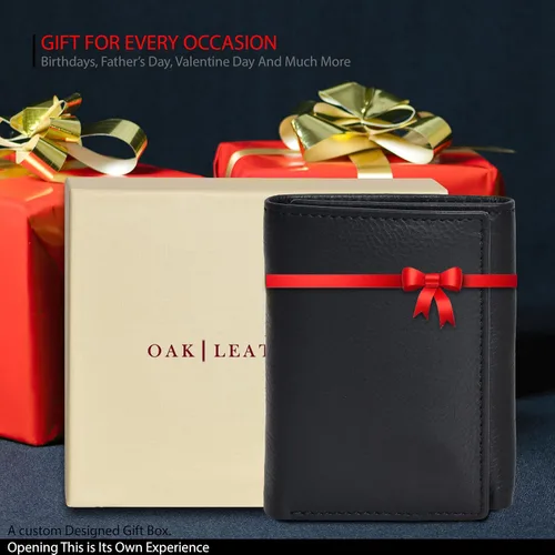 Vista 6 de Billetera triple de cuero real para hombres - Carteras RFID delgadas 9 tarjetas de crédito titular 2 compartimentos de identificación regalo