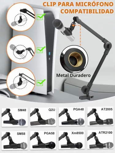 Vista 2 de Soporte de micrófono con brazo de brazo, soporte de brazo de tijera de suspensión ajustable con soporte de clip de micrófono y abrazadera resistente