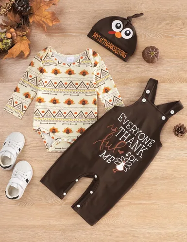 Vista 2 de My First Thanksgiving Outfit - Conjunto de ropa para bebé recién nacido, diseño de pavo + pantalones con tirantes + sombrero para Acción de Gracias