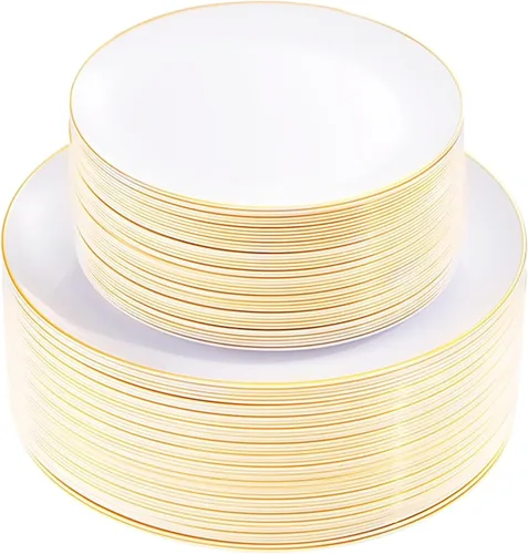 Vista 23 de KIRE 60 platos de plástico negro, platos desechables negros con borde dorado para fiesta de Halloween/graduación, incluye 30 unidades de 10.25