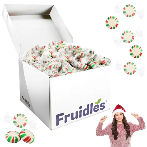 Vista 3 de Fruidles Estrellas de Navidad en forma de remolino, caramelos duros de menta con sabor a peperina en rojo, blanco y verde, Kosher Parve, envueltos