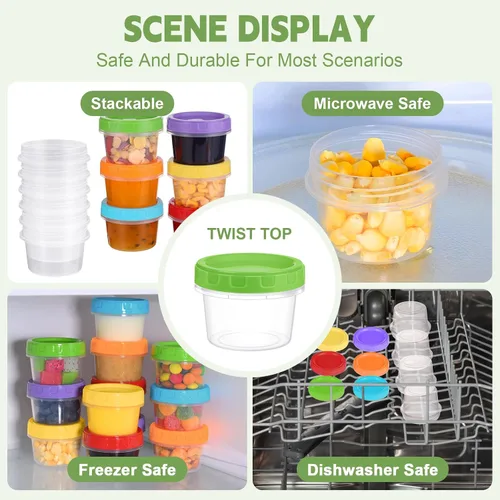 Vista 5 de Yomarket Envases Pequeños de Plástico de 2 oz con Tapas, Paquete de 12 Recipientes para Aderezo de Ensalada, Recipientes Reutilizables