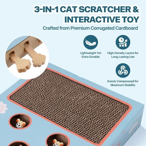 Vista 5 de PAWISE Juguete rascador interactivo para gatos, tablero rascador de cartón 3 en 1 y caja de juguetes interactiva de rompecabezas para gatos