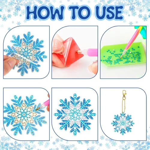 Vista 6 de BBTO 15 piezas de llavero de pintura de diamante de invierno con copos de nieve, adornos de pintura de diamante 5D DIY llavero de pintura