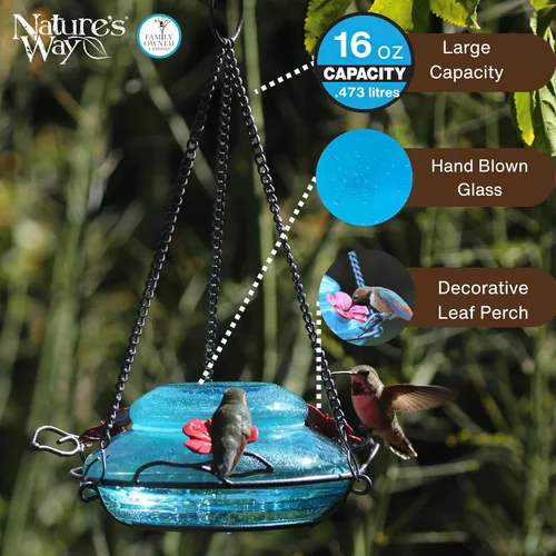 Vista 4 de Nature's Way Bird Products GHF9 Comedero para colibríes soplado a mano para jardín con llenado superior, capacidad de 16 oz, azul (066580)