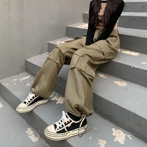 Vista 5 de Weierpidan Pantalones cargo para mujer, de cintura alta, estilo casual, con 10 bolsillos, ajuste relajado