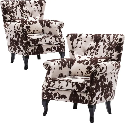 Vista 31 de Juego de 2 sillas decorativas modernas de mediados de siglo, sillón de tela de lino con respaldo acolchado/patas de madera, sillón de descanso