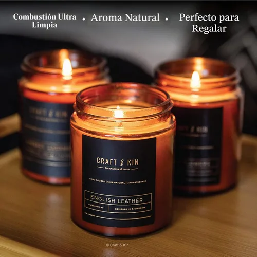 Vista 3 de Craft & Kin - Vela perfumada de cuero inglés de alta calidad, larga duración, 45 horas de tiempo de combustión, vela perfumada de soja natural