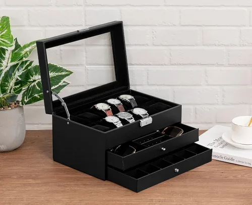 Vista 7 de Oyydecor Joyero caja de reloj de piel sintética organizador de almacenamiento de madera para almacenamiento y exhibición regalos de negocios