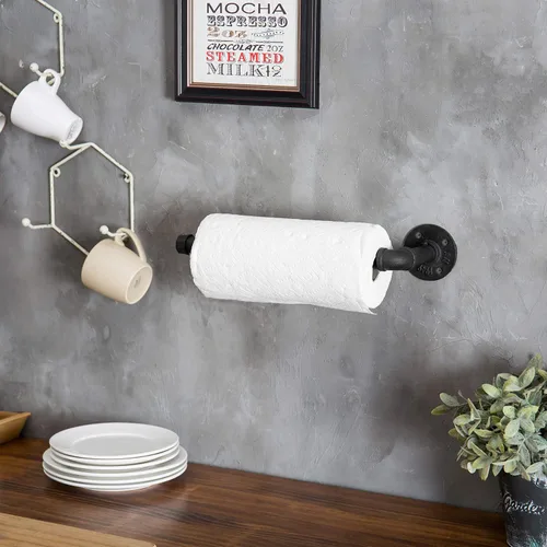 Vista 4 de MyGift Soporte para toallas de papel para debajo del gabinete, soporte para toallas de papel, montaje en pared, tubo industrial negro mate colgante